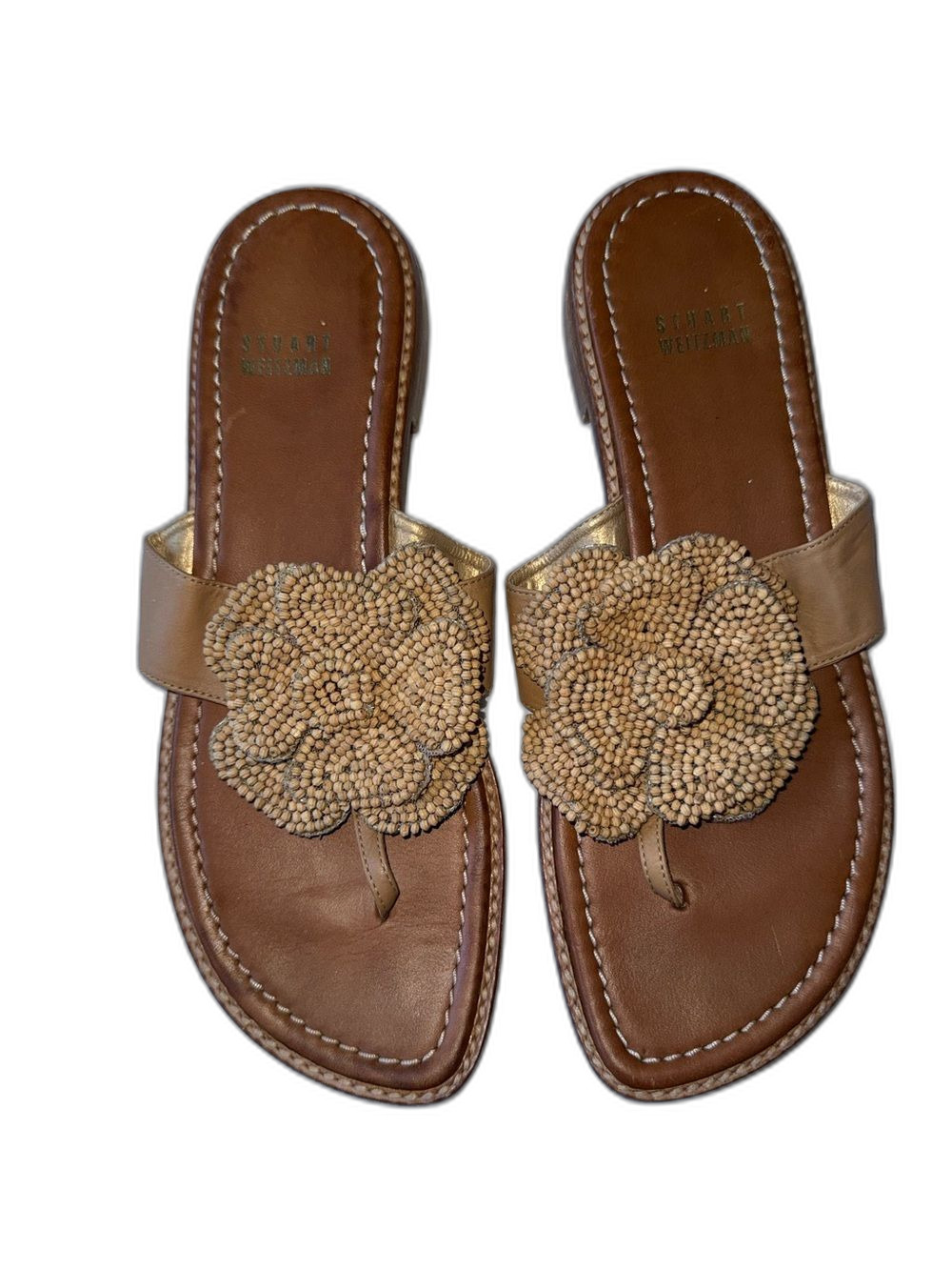 Stuart Weitzman Sandals Women’s 8 Tan Beaded Floral Slide !